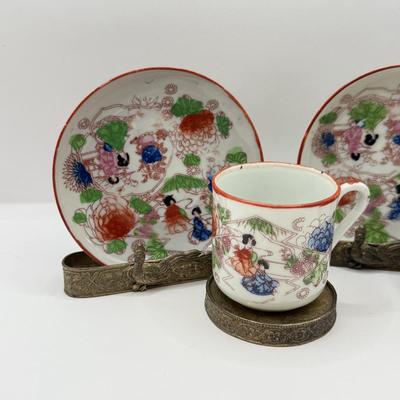 LOT 58D: Antique Brass Pheasant Teacup Display Stands (2), Tea Cups & Saucers