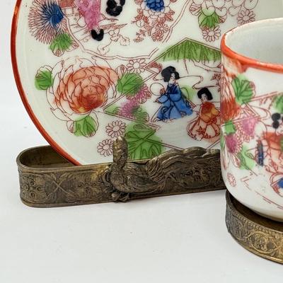 LOT 58D: Antique Brass Pheasant Teacup Display Stands (2), Tea Cups & Saucers