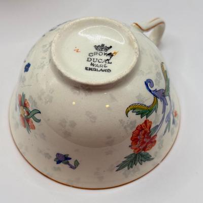 LOT 58D: Antique Brass Pheasant Teacup Display Stands (2), Tea Cups & Saucers