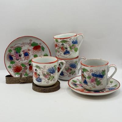 LOT 58D: Antique Brass Pheasant Teacup Display Stands (2), Tea Cups & Saucers