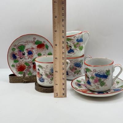 LOT 58D: Antique Brass Pheasant Teacup Display Stands (2), Tea Cups & Saucers