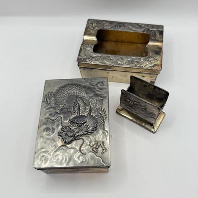 LOT 59D: Antique / Vintage Chinese Export Silverplate Dragon Smoking Set