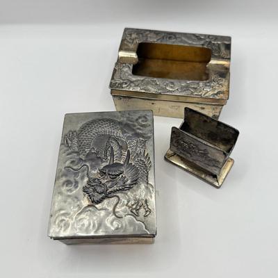LOT 59D: Antique / Vintage Chinese Export Silverplate Dragon Smoking Set