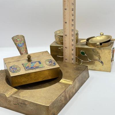 LOT 60D: Large Vintage Brass Ash Tray & Ornate Antique Chinese Ash Trays