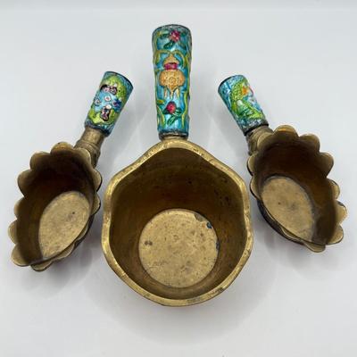 LOT 61D: Antique Chinese Enameled Brass Coal Silk Iron Pan Set