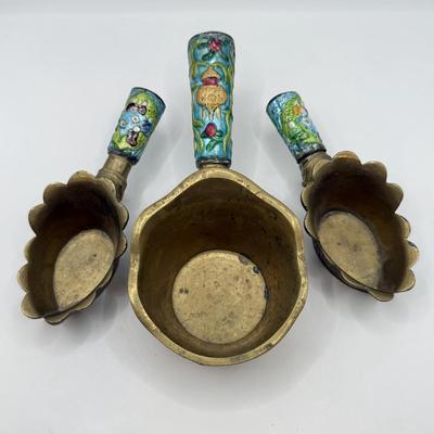 LOT 61D: Antique Chinese Enameled Brass Coal Silk Iron Pan Set