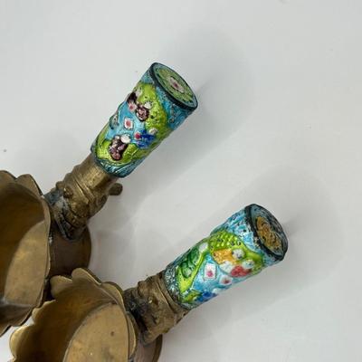 LOT 61D: Antique Chinese Enameled Brass Coal Silk Iron Pan Set