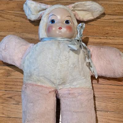 LOT 82: 2 Vintage Celluloid Face Dolls W/Cloth Bodies, One In A Bunny Suit & The Other In Stripes W/A Red Pull Down Hood