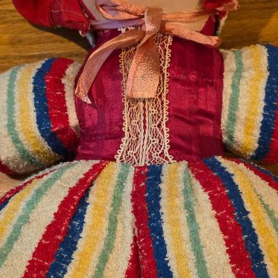 LOT 82: 2 Vintage Celluloid Face Dolls W/Cloth Bodies, One In A Bunny Suit & The Other In Stripes W/A Red Pull Down Hood