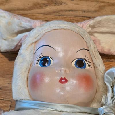 LOT 82: 2 Vintage Celluloid Face Dolls W/Cloth Bodies, One In A Bunny Suit & The Other In Stripes W/A Red Pull Down Hood