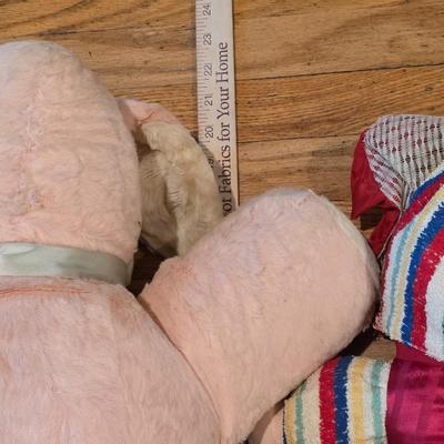 LOT 82: 2 Vintage Celluloid Face Dolls W/Cloth Bodies, One In A Bunny Suit & The Other In Stripes W/A Red Pull Down Hood