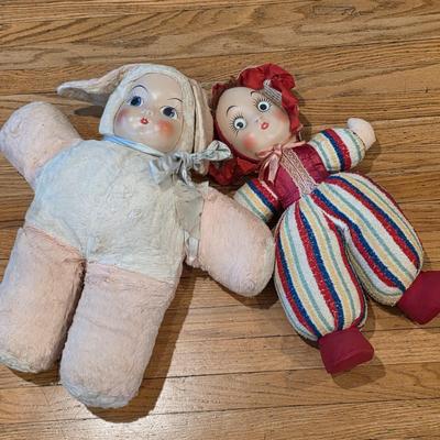 LOT 82: 2 Vintage Celluloid Face Dolls W/Cloth Bodies, One In A Bunny Suit & The Other In Stripes W/A Red Pull Down Hood