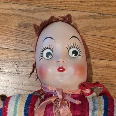LOT 82: 2 Vintage Celluloid Face Dolls W/Cloth Bodies, One In A Bunny Suit & The Other In Stripes W/A Red Pull Down Hood