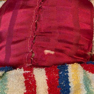 LOT 82: 2 Vintage Celluloid Face Dolls W/Cloth Bodies, One In A Bunny Suit & The Other In Stripes W/A Red Pull Down Hood