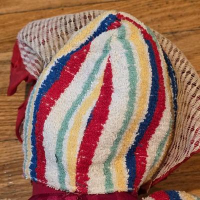 LOT 82: 2 Vintage Celluloid Face Dolls W/Cloth Bodies, One In A Bunny Suit & The Other In Stripes W/A Red Pull Down Hood