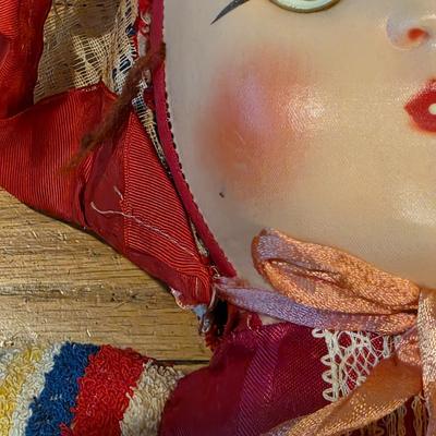 LOT 82: 2 Vintage Celluloid Face Dolls W/Cloth Bodies, One In A Bunny Suit & The Other In Stripes W/A Red Pull Down Hood