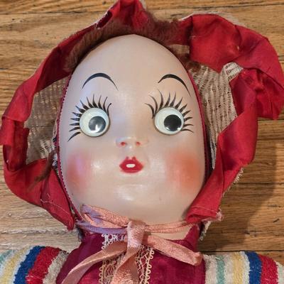LOT 82: 2 Vintage Celluloid Face Dolls W/Cloth Bodies, One In A Bunny Suit & The Other In Stripes W/A Red Pull Down Hood