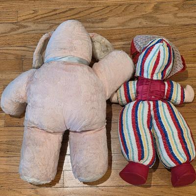 LOT 82: 2 Vintage Celluloid Face Dolls W/Cloth Bodies, One In A Bunny Suit & The Other In Stripes W/A Red Pull Down Hood