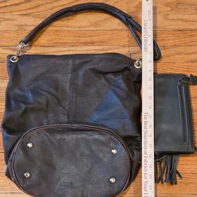 LOT 84K: Vintage Large Leather Brown Shoulder Purse & Lisa Leonard Leather Clutch/Wallet