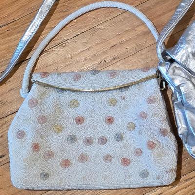 LOT 85K: Vintage 1980's Brass Metal/Crystals Leather Metallic Purse & Beaded Charlet Bag Made In Japan