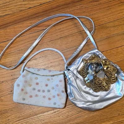 LOT 85K: Vintage 1980's Brass Metal/Crystals Leather Metallic Purse & Beaded Charlet Bag Made In Japan
