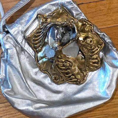 LOT 85K: Vintage 1980's Brass Metal/Crystals Leather Metallic Purse & Beaded Charlet Bag Made In Japan