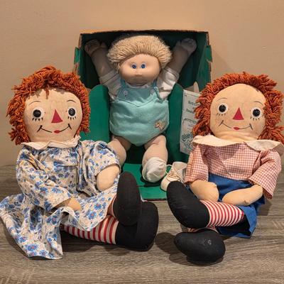LOT 86K: Vintage Raggedy Ann & Andy Ragdolls & 1980's Coleco Cabbage Patch Kid Doll "Mannie Willie: