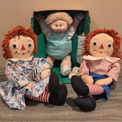 LOT 86K: Vintage Raggedy Ann & Andy Ragdolls & 1980's Coleco Cabbage Patch Kid Doll "Mannie Willie: