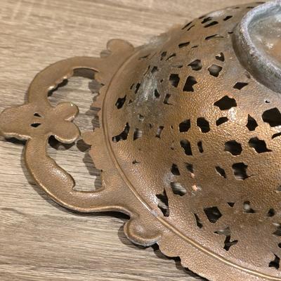 LOT 87K: Vintage Ornate Brass Bowl W/2 Handles & 2 Brass Candlestick Holders