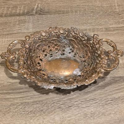 LOT 87K: Vintage Ornate Brass Bowl W/2 Handles & 2 Brass Candlestick Holders