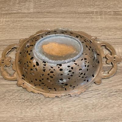 LOT 87K: Vintage Ornate Brass Bowl W/2 Handles & 2 Brass Candlestick Holders