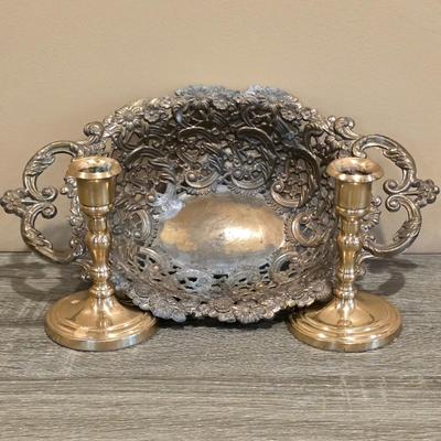 LOT 87K: Vintage Ornate Brass Bowl W/2 Handles & 2 Brass Candlestick Holders