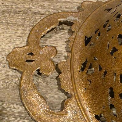 LOT 87K: Vintage Ornate Brass Bowl W/2 Handles & 2 Brass Candlestick Holders