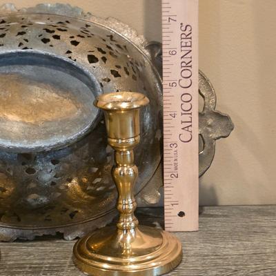 LOT 87K: Vintage Ornate Brass Bowl W/2 Handles & 2 Brass Candlestick Holders