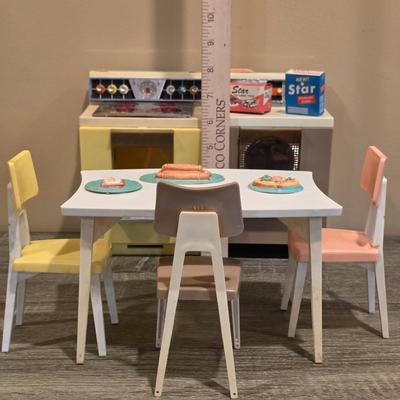 LOT 89K: Vintage 1960's Deluxe Reading Corp. Doll Dream Kitchen, Sink, Fridge, Stove/Oven, Washer, Table, 3 Chairs, 2 Countertop...