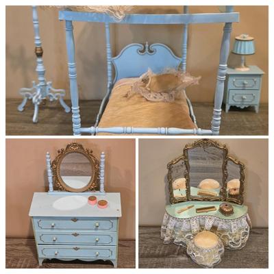 LOT 90K: Vintage Italian "Serie Milady" Doll Bedroom Furniture, Canopy Top Bed, Nightstand W/Lamp, Coat Rack, Dresser W/Mirror,...