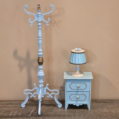 LOT 90K: Vintage Italian "Serie Milady" Doll Bedroom Furniture, Canopy Top Bed, Nightstand W/Lamp, Coat Rack, Dresser W/Mirror,...