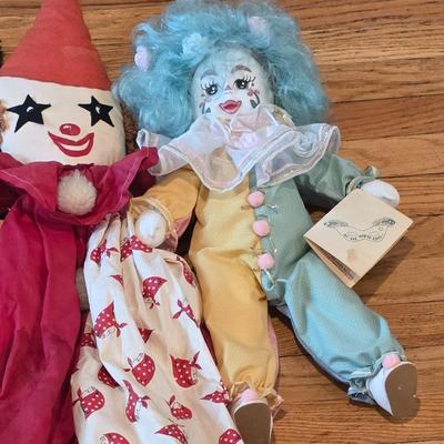 LOT 91K: 2 Vintage Clown Rag Dolls & 1 Vintage Soft Body Clown Doll "Blossom" Made by Robin Woods, Handmade