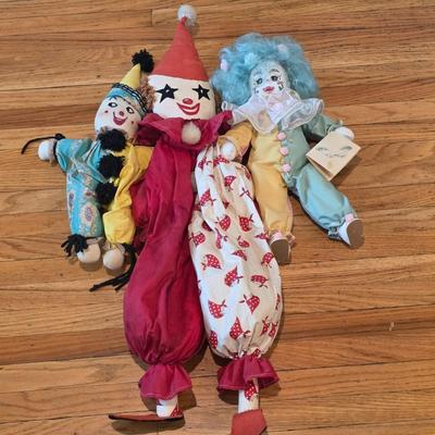 LOT 91K: 2 Vintage Clown Rag Dolls & 1 Vintage Soft Body Clown Doll "Blossom" Made by Robin Woods, Handmade