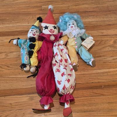LOT 91K: 2 Vintage Clown Rag Dolls & 1 Vintage Soft Body Clown Doll "Blossom" Made by Robin Woods, Handmade