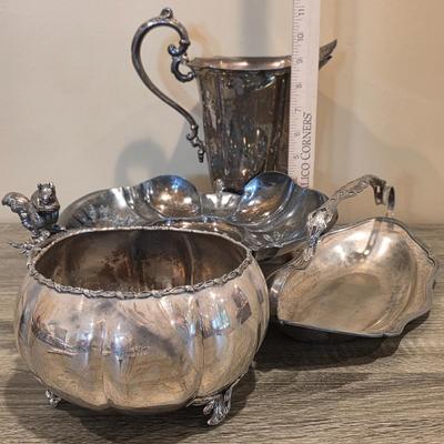 LOT 92 W: Vintage Silver Plated Pitcher, Serving Tray, Plate, Bowl & Wooden Handle Chafing Dish W/Jeweled Paper Mache` Fruit