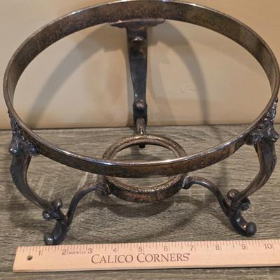 LOT 92 W: Vintage Silver Plated Pitcher, Serving Tray, Plate, Bowl & Wooden Handle Chafing Dish W/Jeweled Paper Mache` Fruit