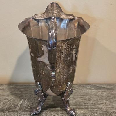 LOT 92 W: Vintage Silver Plated Pitcher, Serving Tray, Plate, Bowl & Wooden Handle Chafing Dish W/Jeweled Paper Mache` Fruit