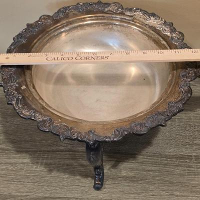 LOT 92 W: Vintage Silver Plated Pitcher, Serving Tray, Plate, Bowl & Wooden Handle Chafing Dish W/Jeweled Paper Mache` Fruit