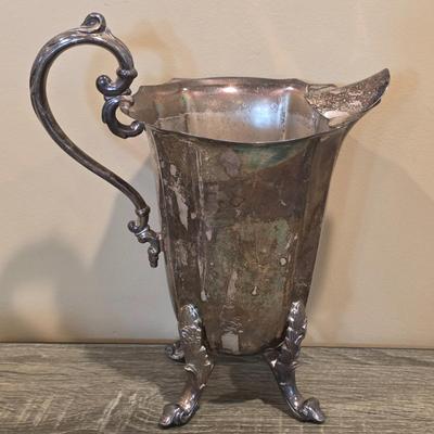 LOT 92 W: Vintage Silver Plated Pitcher, Serving Tray, Plate, Bowl & Wooden Handle Chafing Dish W/Jeweled Paper Mache` Fruit