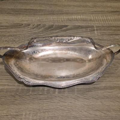 LOT 92 W: Vintage Silver Plated Pitcher, Serving Tray, Plate, Bowl & Wooden Handle Chafing Dish W/Jeweled Paper Mache` Fruit