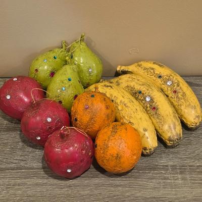 LOT 92 W: Vintage Silver Plated Pitcher, Serving Tray, Plate, Bowl & Wooden Handle Chafing Dish W/Jeweled Paper Mache` Fruit
