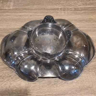 LOT 92 W: Vintage Silver Plated Pitcher, Serving Tray, Plate, Bowl & Wooden Handle Chafing Dish W/Jeweled Paper Mache` Fruit