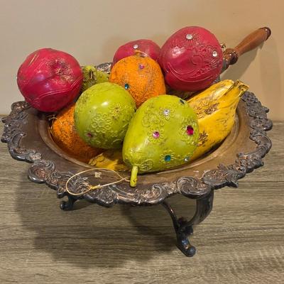 LOT 92 W: Vintage Silver Plated Pitcher, Serving Tray, Plate, Bowl & Wooden Handle Chafing Dish W/Jeweled Paper Mache` Fruit