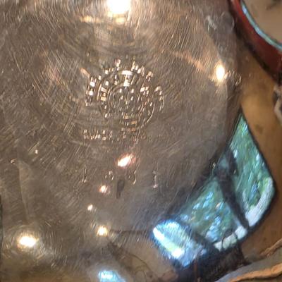 LOT 92 W: Vintage Silver Plated Pitcher, Serving Tray, Plate, Bowl & Wooden Handle Chafing Dish W/Jeweled Paper Mache` Fruit